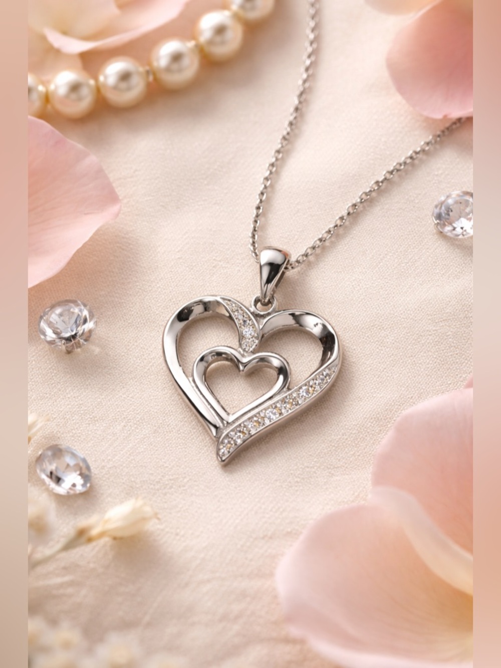 Macy's MC 925 Sterling Silver Diamond Accent Double Heart Necklace Dainty Fine